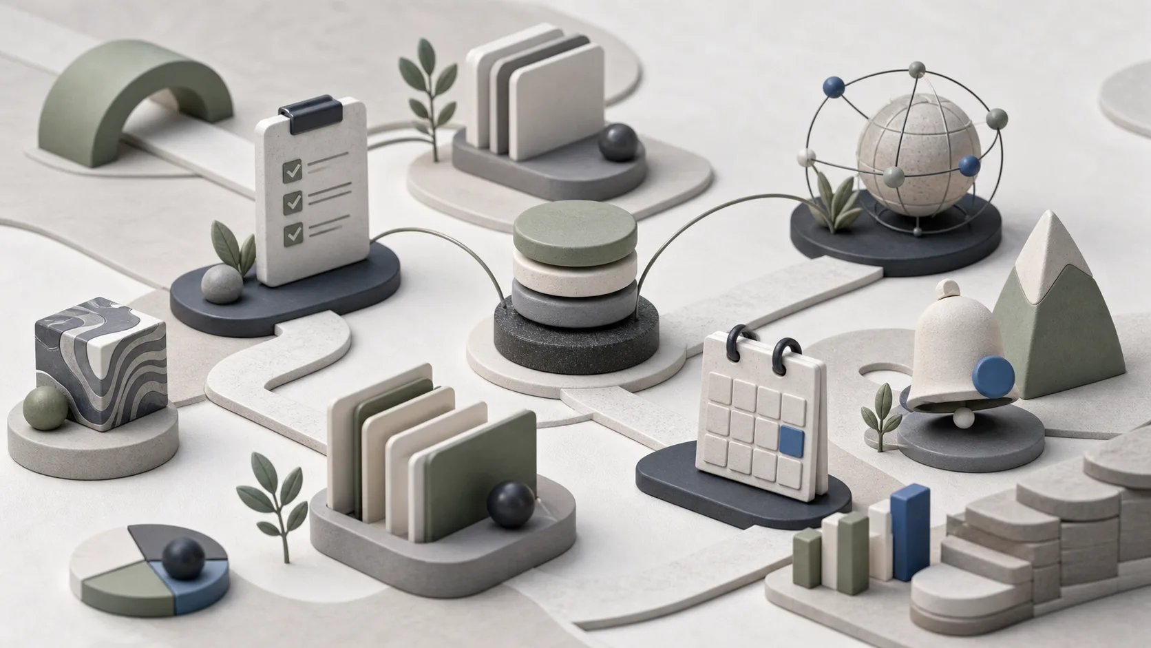Abstract operations map with tasks, reminders, links, domains, and portfolio priorities