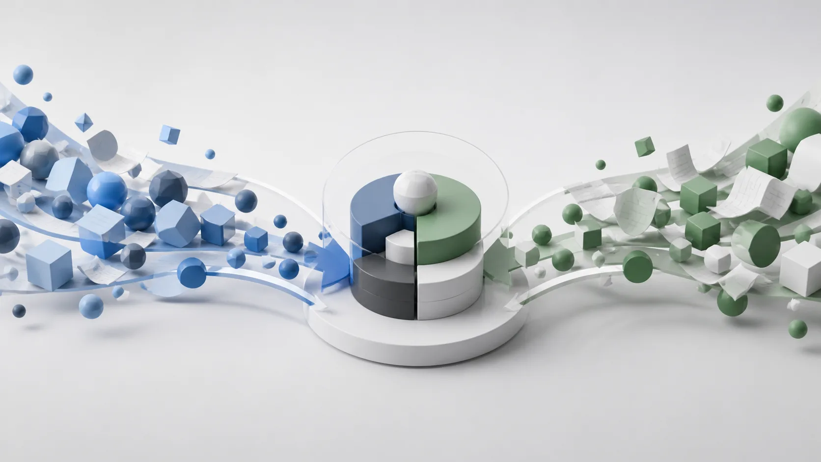 Abstract revenue data streams converging into one organized operating view